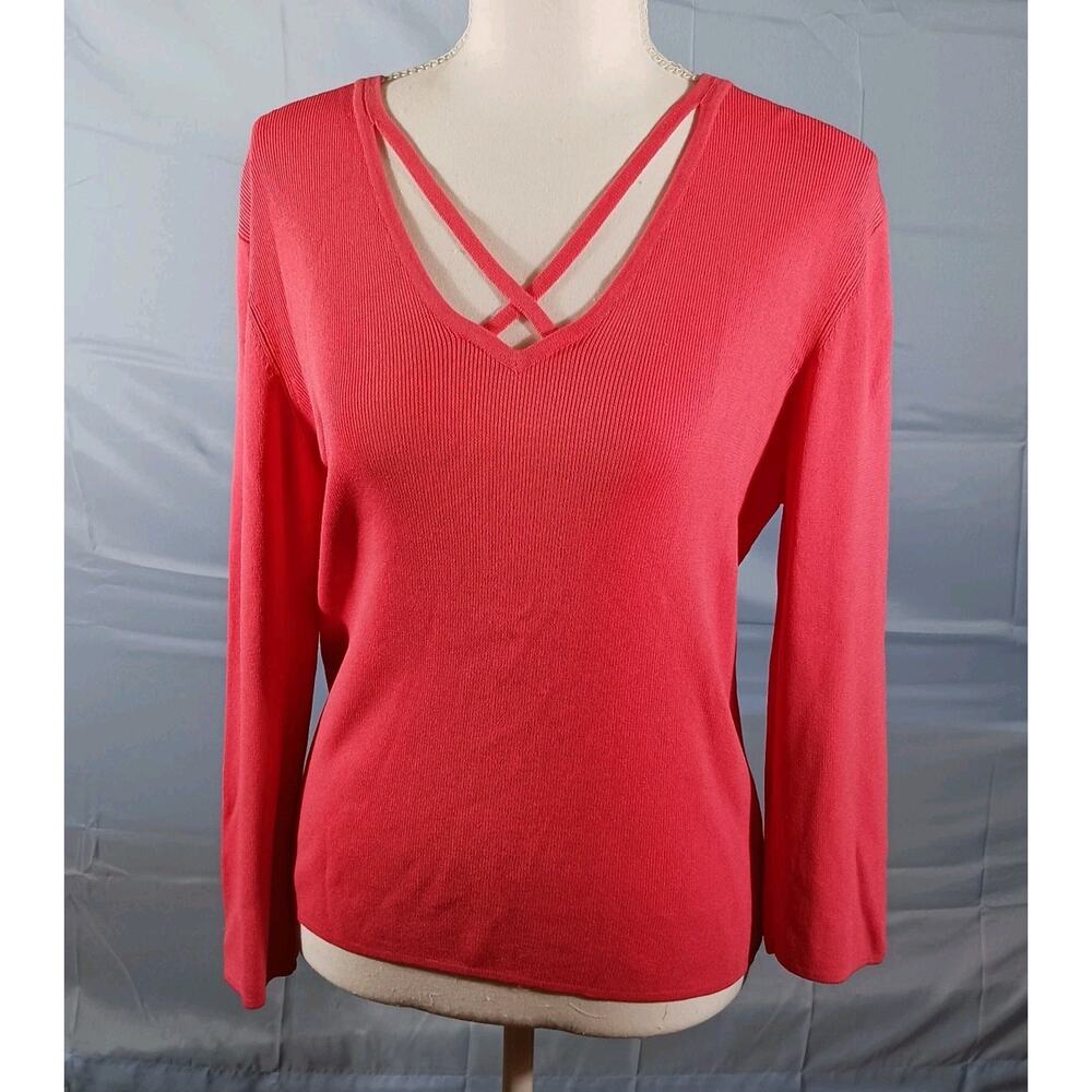 Versailles New York Top Large Womens 3/4 Sleeve V-Neck Pullover Top Pink Rayon